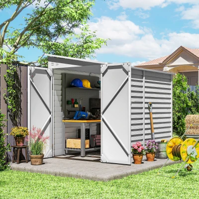Outsunny 4.6' x 9' Steel Outdoor Storage Shed, Lean to Shed with Foundation Kit, Lockable Doors, Gloves and 2 Vents, White