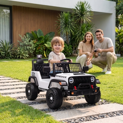 Qaba 12V Ride on Truck Car with Remote, Soft Start, 4-Wheel Suspension, Safety Belt, Lights, USB Music for Ages 2-4, White