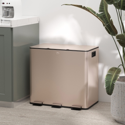 HOMCOM Garbage Bin, Soft-Close Trash Can with Foot Pedal, 3x4 Gallon (3x15 L) Garbage Can with Removable Inner Buckets, Gold