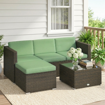 Outsunny 3 Pieces Patio Furniture Set with Cushions, Outdoor PE Rattan Wicker Conversation Corner Sofa Set, Light Green