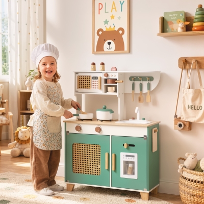 Qaba Wooden Play Kitchen Set with Microwave, Coffee Machine, Ice Maker & 19PCs Accessories, Gift for Ages 3-6 Years, Green