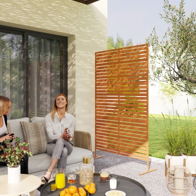 Outsunny Decorative Outdoor Privacy Panel, Freestanding Metal Outdoor Divider with Stand for Garden, Backyard, Deck, Pool, Brown