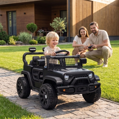Qaba 12V Electric Car for Kids with Remote, Dual Motors, Rear Suspension, Soft Start, Music, Lights for 3-8 Years, Black