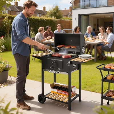 Outsunny 20" Charcoal BBQ Grill Barbecue on Wheels with Adjustable Charcoal Pan, Spacious Cooking Area, 3 Shelves, Thermometer