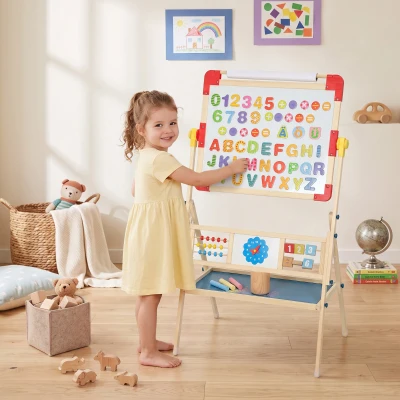 Qaba Kids Art Easel, 360° Rotating Magnetic Whiteboard & Chalkboard, Natural