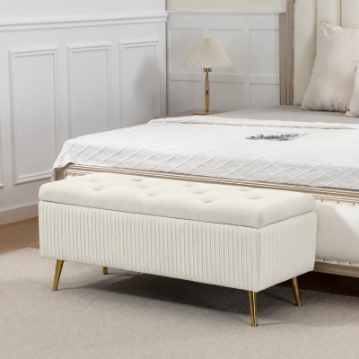 HOMCOM Storage Ottoman Bench, 43 Inch Large Storage Chest with Steel Legs and Padded Seat, Foot Rest, Load 485 lbs, Cream White