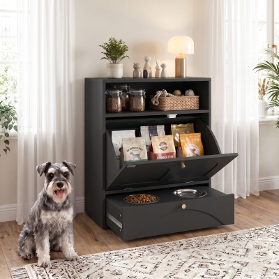 PawHut Dog Feeding Station, Dog Food Storage Cabinet with 2 Elevated Bowls, Tilt-Out Cabinet and Storage Shelf, Black