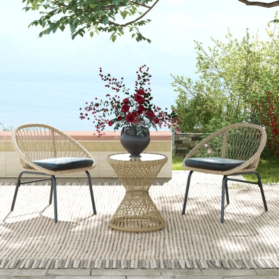 Outsunny Wicker Outdoor Coffee Table, 18" Round Drum-Style Outdoor Patio Table with Tempered Glass Top, Light Brown