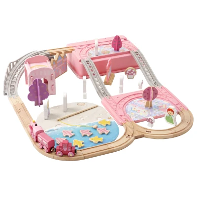 Qaba 58PCS Wooden Train Set for Toddlers, Train Track Set with 17 Track Pieces, 5 Princess Figures and Accessories