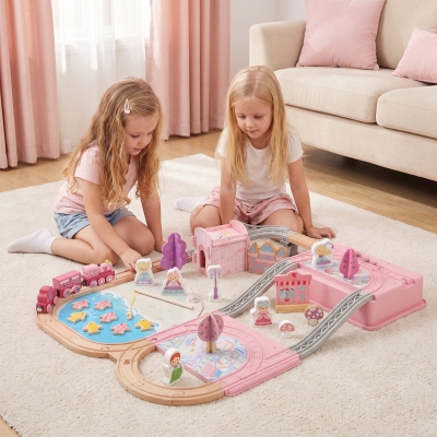 Qaba 58PCS Wooden Train Set for Toddlers, Train Track Set with 17 Track Pieces, 5 Princess Figures and Accessories