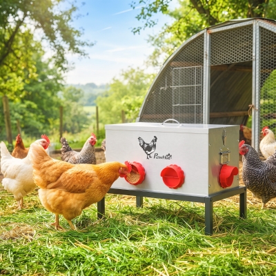 PawHut 35LB Automatic Chicken Feeder, Metal Poultry Feeder w/ 6 No-Waste Ports & Lid, Rat Proof, Weatherproof Design and Stand