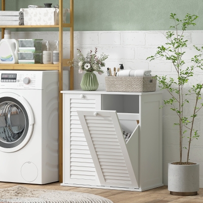 HOMCOM Tilt Out Laundry Cabinet, Laundry Basket Cabinet with 2 Baskets and 2 Louvered Doors, White