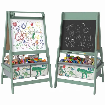 Qaba Art Easel for Kids, 3-in-1 Double-Sided Kids Easel with Chalkboard, Whiteboard, Paper Roll, 2 Storage Bins for 3-8, Green