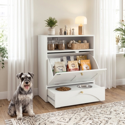 PawHut Dog Feeding Station, Dog Food Storage Cabinet with 2 Elevated Bowls, Tilt-Out Cabinet and Storage Shelf, White