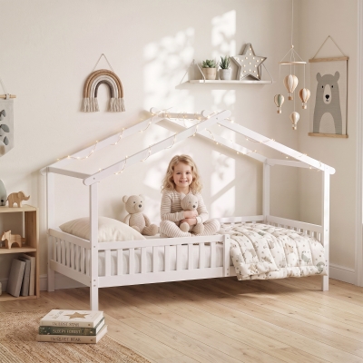 Qaba Twin Bed Frame, Solid Wood Montessori House Bed with Roof, Safety Guardrail for Girls Boys, No Box Spring Needed, White