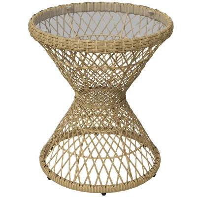 Outsunny Wicker Outdoor Coffee Table, 18" Round Drum-Style Outdoor Patio Table with Tempered Glass Top, Light Brown