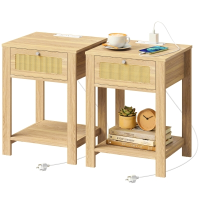 HOMCOM End Table Set of 2 with Charging Station, Drawer, Wood
