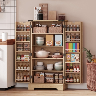HOMCOM 46" Kitchen Pantry Cabinet with Doors and Adjustable Shelves, Freestanding Fluted Pantry Cabinet with Spice Racks