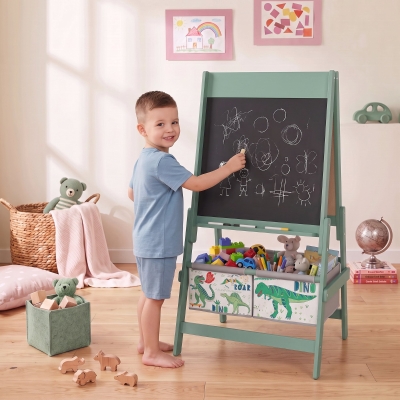 Qaba Art Easel for Kids, 3-in-1 Double-Sided Kids Easel with Chalkboard, Whiteboard, Paper Roll, 2 Storage Bins for 3-8, Green