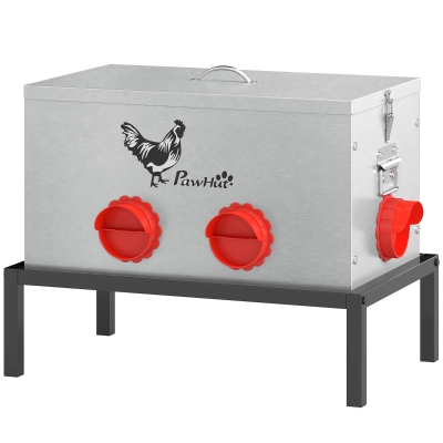 PawHut 35LB Automatic Chicken Feeder, Metal Poultry Feeder w/ 6 No-Waste Ports & Lid, Rat Proof, Weatherproof Design and Stand