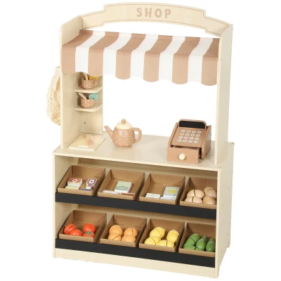 Qaba Wooden Grocery Store Playset Pretend Play with Play Food, Cash Register, Chalkboard, 61 Accessories for Boys & Girls 3-8