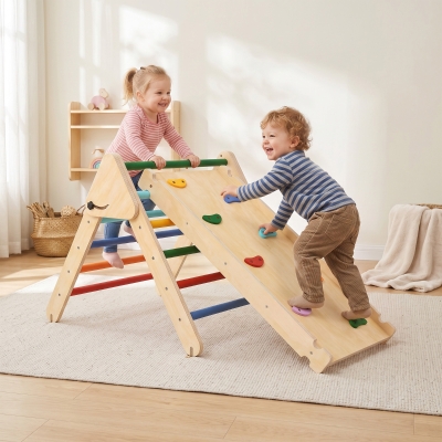 Qaba Pikler Triangle Set, 3 in 1 Climbing Toys with Ramp for Toddlers, Nature Wood