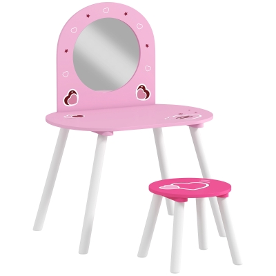 Qaba Kids Dressing Table with Mirror and Stool, Girls Vanity Set for Bedroom, Nursery, for Ages 3-6, Pink