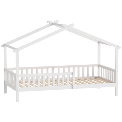 Qaba Twin Bed Frame, Solid Wood Montessori House Bed with Roof, Safety Guardrail for Girls Boys, No Box Spring Needed, White