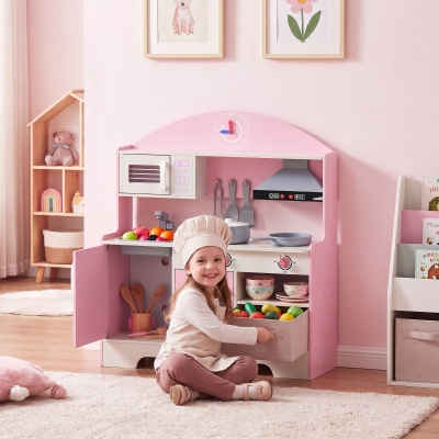 Qaba Wooden Play Kitchen Set for Kids with Real Lights & Sounds, 5PCs Accessories, Gift for Boys & Girls, Ages 3-6, Pink