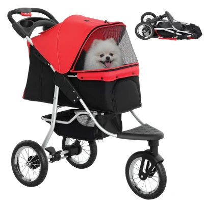 PawHut Pet Stroller for Small Dogs, 3 Rubber Wheels, One-click Easy Folding All-Terrain Dog Stroller, Adjustable Canopy, Zippered Mesh Window Door, Storage Basket, Red