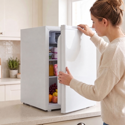 HOMCOM 2.6 Cu Ft Mini Fridge with Chiller Box, Single Door Compact Refrigerator, Adjustable Thermostat, Reversible Door, White