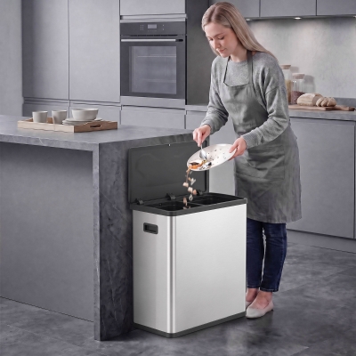 HOMCOM Automatic Trash Can, 15.8Gal / 60L Touchless Garbage Can with Dual Compartments, Stainless Steel, Silver