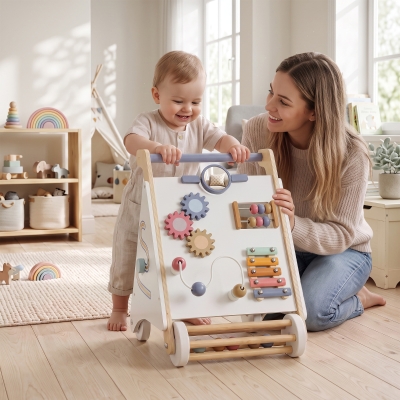 Qaba Wooden Baby Walker, Baby Push Walker w/ Adjustable Speed, Rear Storage for Learning to Walk, Gift for 1.5-3 Years, White