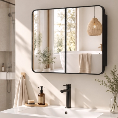HOMCOM 30 x 24 Inch Bathroom Medicine Cabinet with Mirror, Adjustable Shelves, Wall-Mounted or Recessed, Black