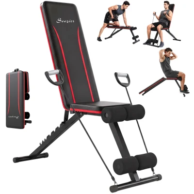 Soozier Adjustable Weight Bench for Home Gym, Foldable Incline Decline Bench Press with Resistance Bands, 7-Position Backrest