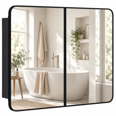 HOMCOM 30 x 24 Inch Bathroom Medicine Cabinet with Mirror, Adjustable Shelves, Wall-Mounted or Recessed, Black