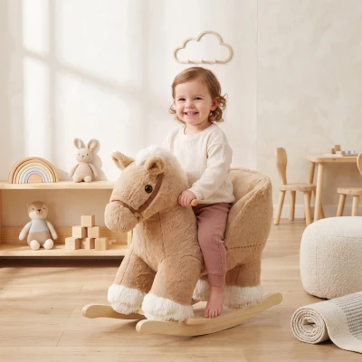 Qaba Plush Rocking Horse with Seat Belt & Sound, Toddler 18-36M, Brown