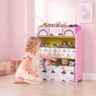 Qaba Kids Storage Organizer with 6 Storage Bins, 3-Tier Children's Storage Shelf for Bedroom, Kids Room, for Toys Books, Pink