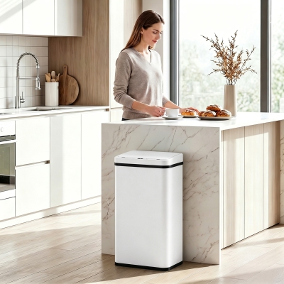 HOMCOM 13.2 Gal (50 L) Automatic Garbage Can w/ Soft-Close Lid, Trash Can with Fingerprint Resistant Stainless Steel, White