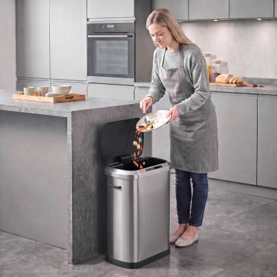 HOMCOM Automatic Trash Can, 13.2Gal / 50L Touchless Garbage Can with Soft-Close Lid, Stay Open, Stainless Steel, Silver