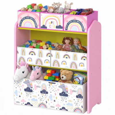 Qaba Kids Storage Organizer with 6 Storage Bins, 3-Tier Children's Storage Shelf for Bedroom, Kids Room, for Toys Books, Pink