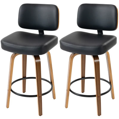 HOMCOM Bar Stools Set of 2 Modern Swivel PU Leather Upholstered Counter Height Bar Chairs, Black