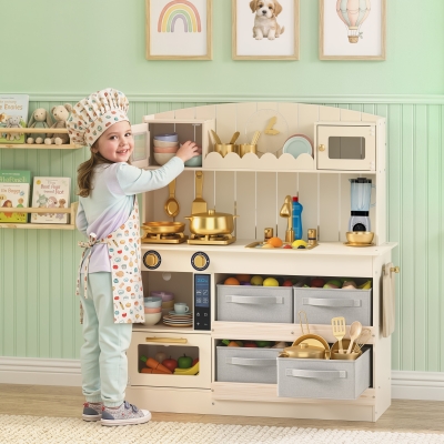 Qaba Wooden Play Kitchen Set for Kids with Real Lights & Sounds, 12PCs Accessories, Gift for Boys & Girls, Ages 3-6, Cream