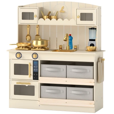 Qaba Wooden Play Kitchen Set for Kids with Real Lights & Sounds, 12PCs Accessories, Gift for Boys & Girls, Ages 3-6, Cream