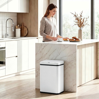 HOMCOM 10.6 Gal (40 L) Automatic Garbage Can w/ Soft-Close Lid, Trash Can with Fingerprint Resistant Stainless Steel, White