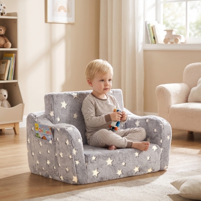 Qaba Kids Couch, 2 in 1 Toddler Couch with Glow in the Dark Stars, Sit to Lie, Ready from Box for Bedroomfor 18-48 M, Grey