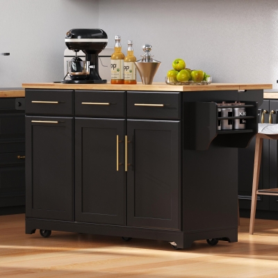 Vintage Kitchen Island with Trash Storage and Organizers, Versatile Rolling Cart with Power Outlet and Spice Rack, 59'' L x 29.5" W x 35.5" H, Black
