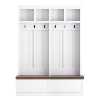 Rustic Farmhouse 4-in-1 Hall Tree Coat Rack with 2 Large Drawers, Shoe Storage Bench Unit with 6 Hooks, 53'' L x 15'' W x 75.5'' H, White