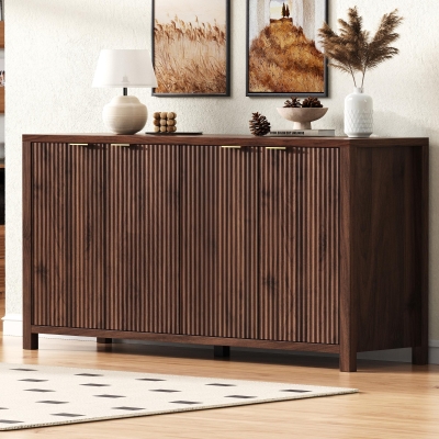 Elegant Fluted Buffet Cabinet with Sculpted Doors, Farmhouse Storage Sideboard for Kitchen Dining Living Room, 55" L × 15.5" W × 33" H, Brown