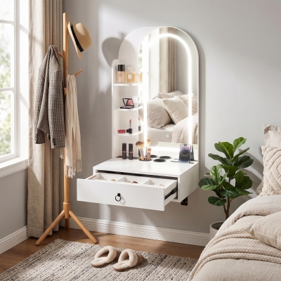 Modern Floating Makeup Vanity with Arched Mirror, Outlet and 3-Color Lights, Versatile Wall Vanity for Bedrooms, 23'' L x 15.5" W x 48" H, White